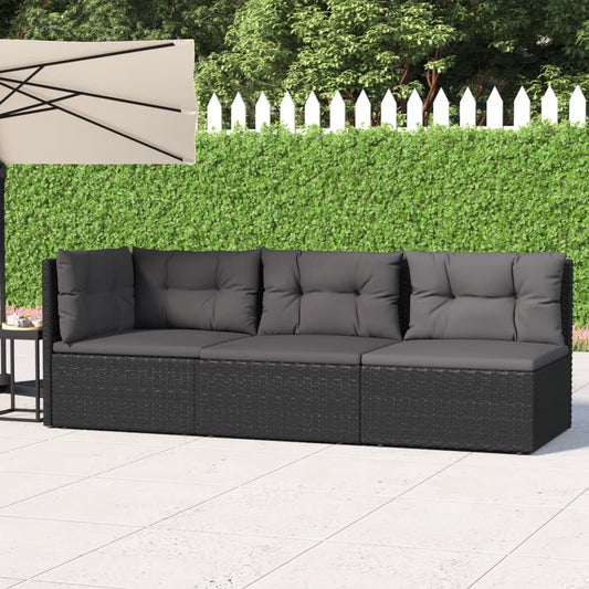 vidaXL 3 Piece Patio Lounge Set with Cushions Black Poly Rattan VidaXL