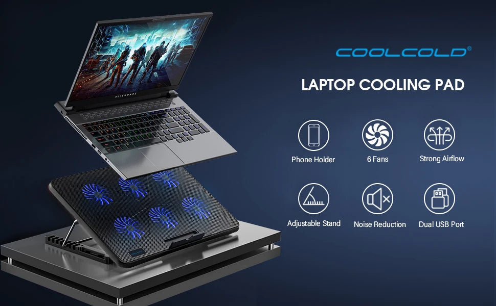 Coolcold 15.6-17.3inch Laptop Cooling Pad with 6 Quiet Fans,7 Height Wind Speed Adjustable,Laptop Cooer With Mobile Phone holder Solveify