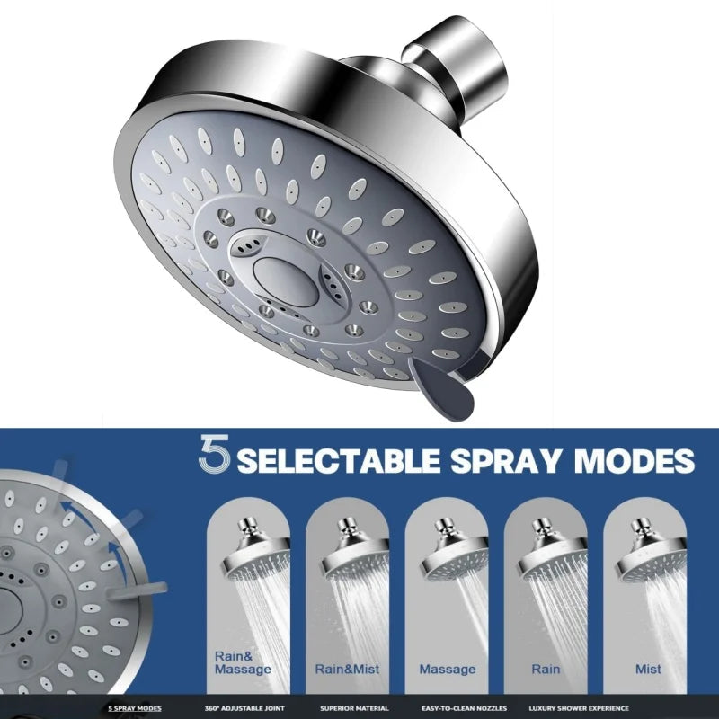 5 Modes High Pressure Shower Head 4 Inch High Flow Fixed Showerheads Sprayer Bathroom Rain Showerhead Faucet Replacement Part Solveify